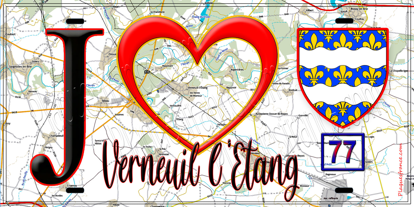 Plaque métal décorative  J' ❤️Verneuil-l'Étang, Seine et Marne (77) fond carte