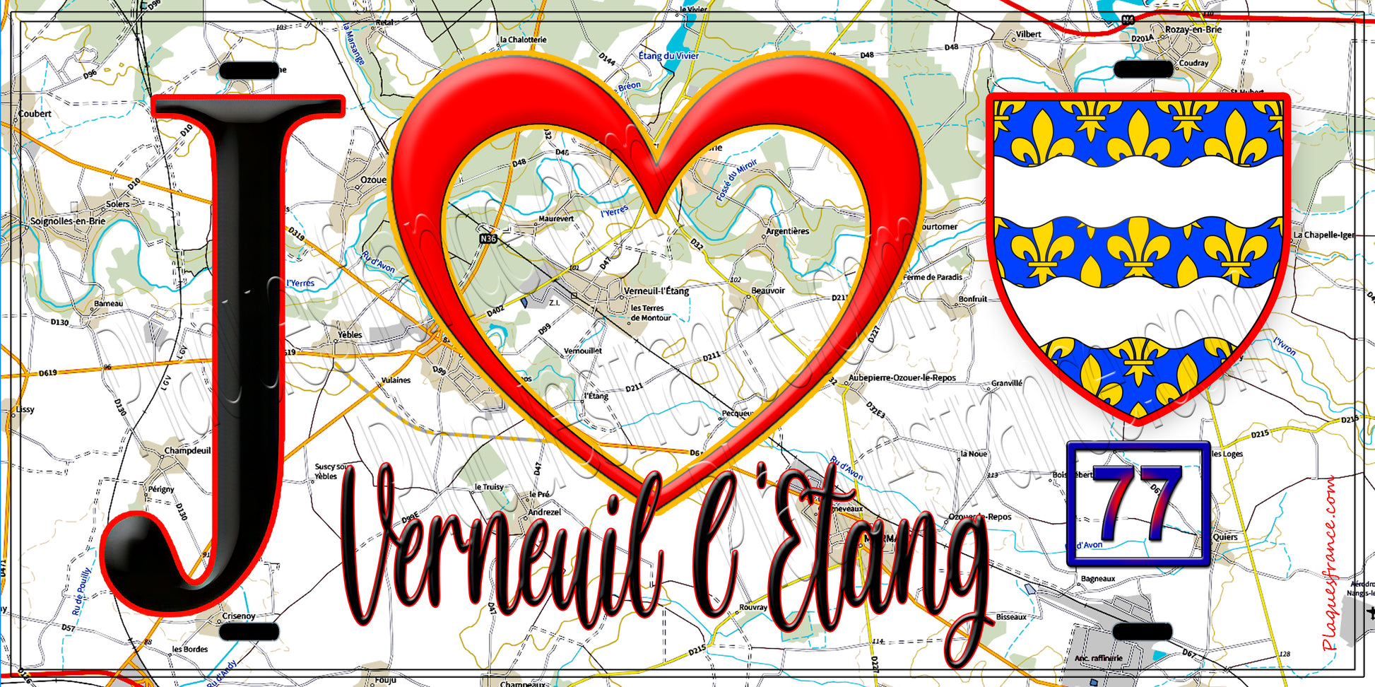 Plaque métal décorative  J' ❤️Verneuil-l'Étang, Seine et Marne (77) fond carte