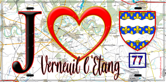 Plaque métal décorative  J' ❤️Verneuil-l'Étang, Seine et Marne (77) fond carte