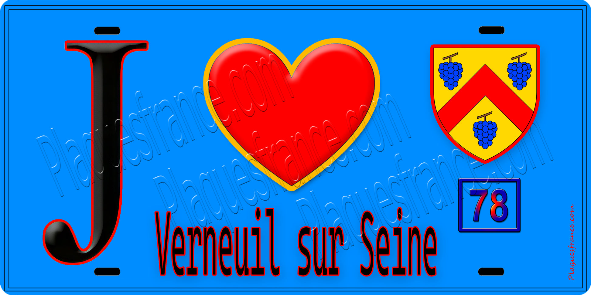 Plaque métal décorative  J' ❤️ Verneuil-sur-Seine, Yvelines (78) fond bleu