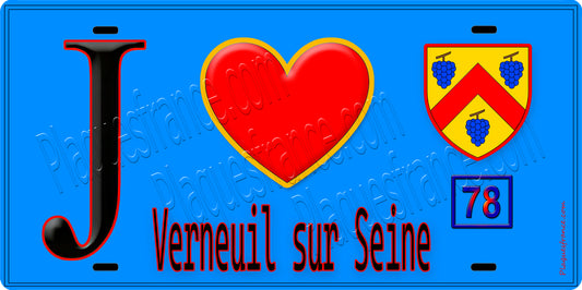 Plaque métal décorative  J' ❤️ Verneuil-sur-Seine, Yvelines (78) fond bleu