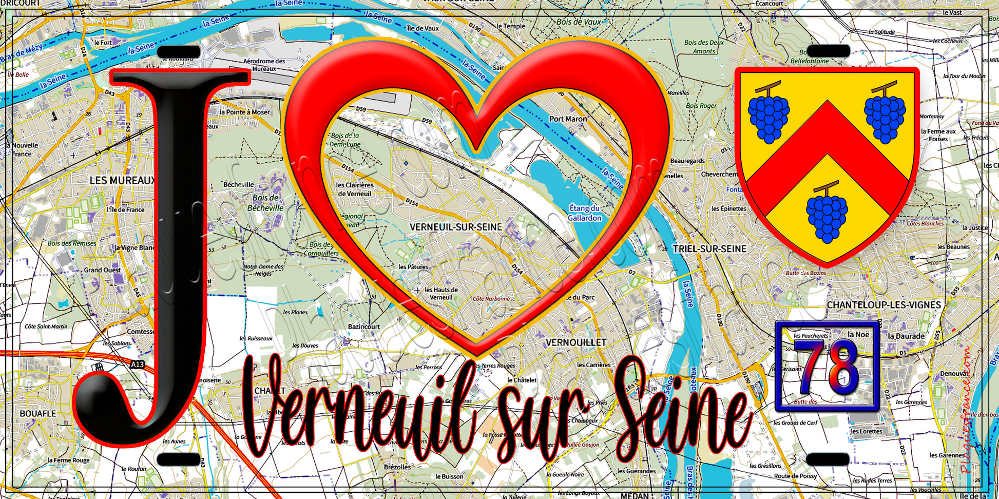 Plaque métal décorative  J' ❤️ Verneuil-sur-Seine, Yvelines (78) fond carte