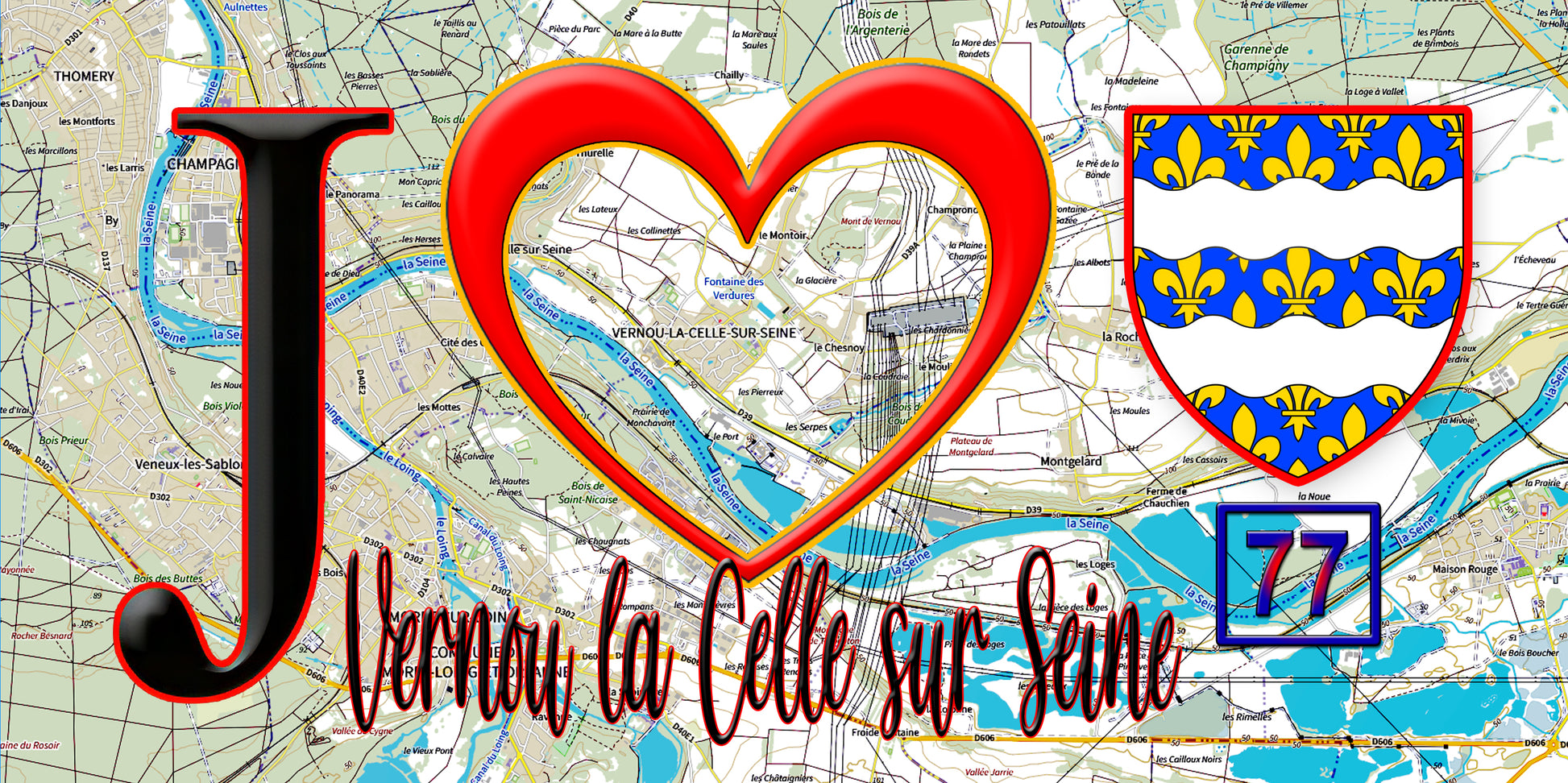 Plaque métal décorative  J' ❤️Vernou-la-Celle-sur-Seine, Seine et Marne (77) fond carte