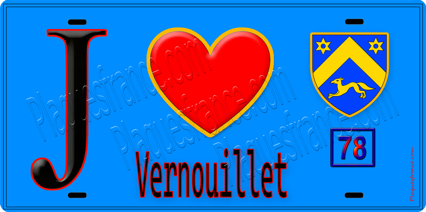 Plaque métal décorative  J' ❤️ Vernouillet, Yvelines (78) fond bleu