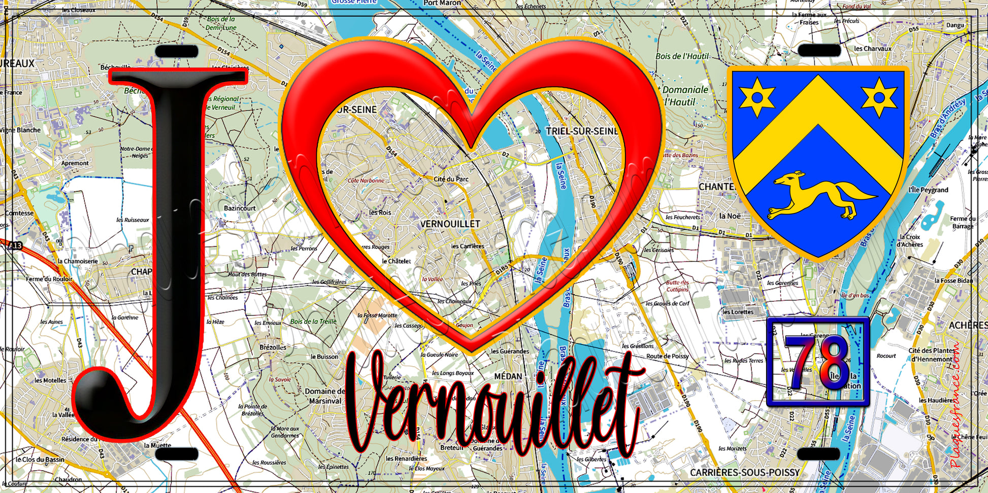Plaque métal décorative  J' ❤️ Vernouillet, Yvelines (78) fond carte