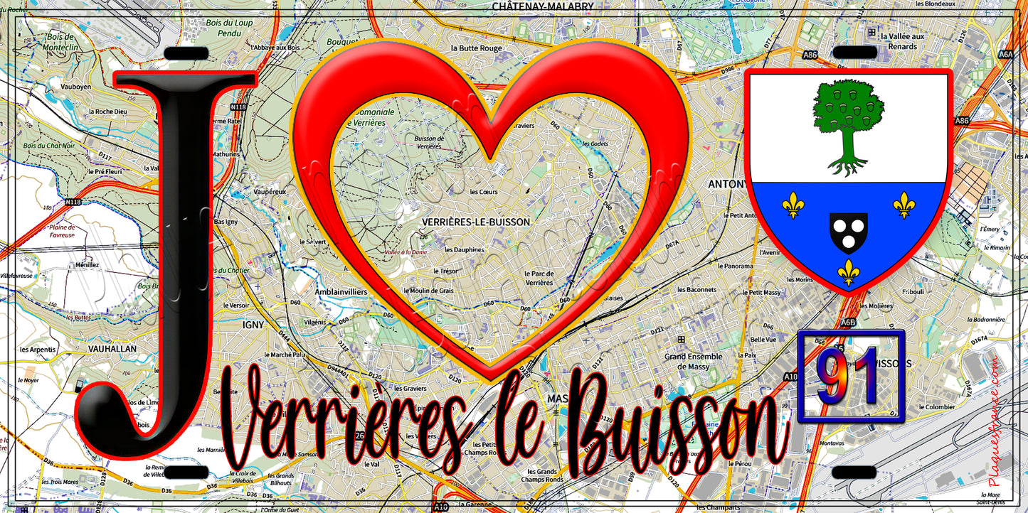 Plaque métal décorative  J' ❤️Verrières-le-Buisson, Essonne (91) fond carte