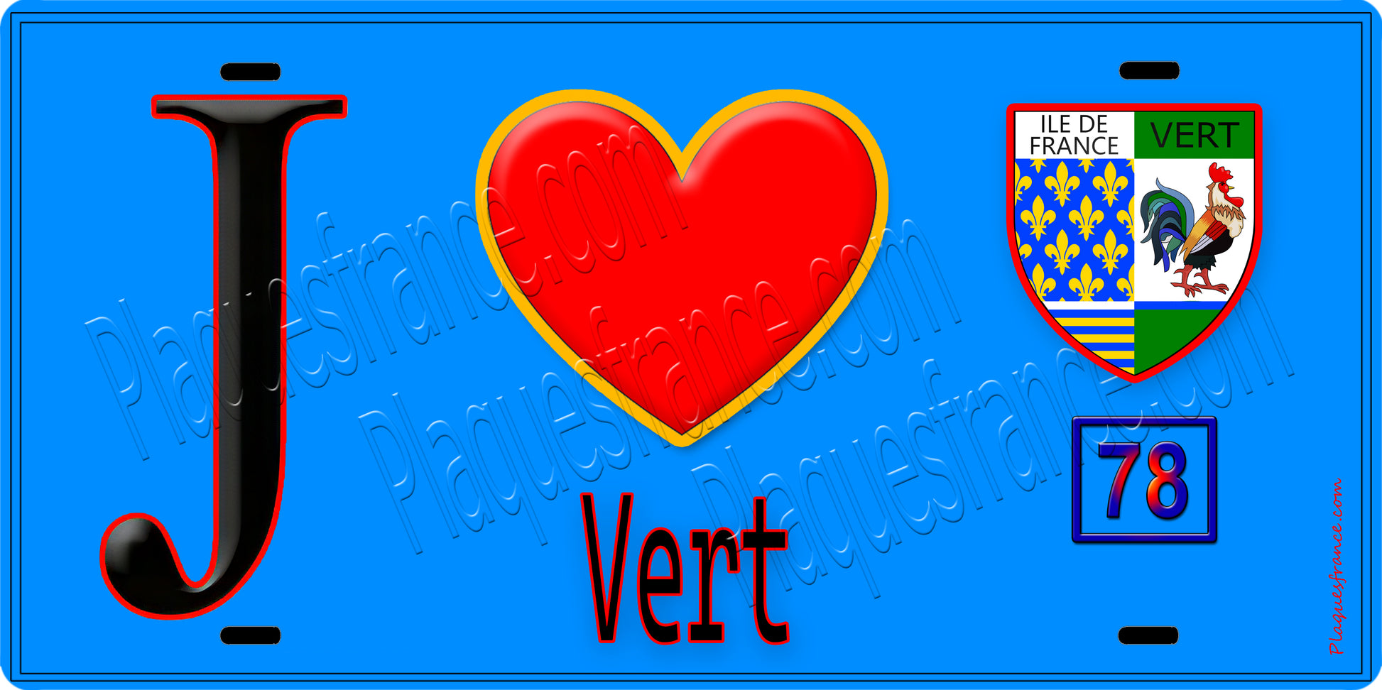 Plaque métal décorative  J' ❤️ Vert, Yvelines (78) fond bleu