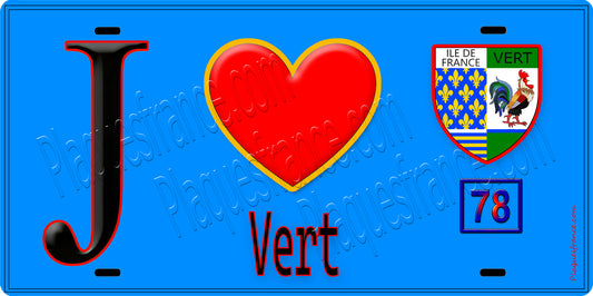 Plaque métal décorative  J' ❤️ Vert, Yvelines (78) fond bleu