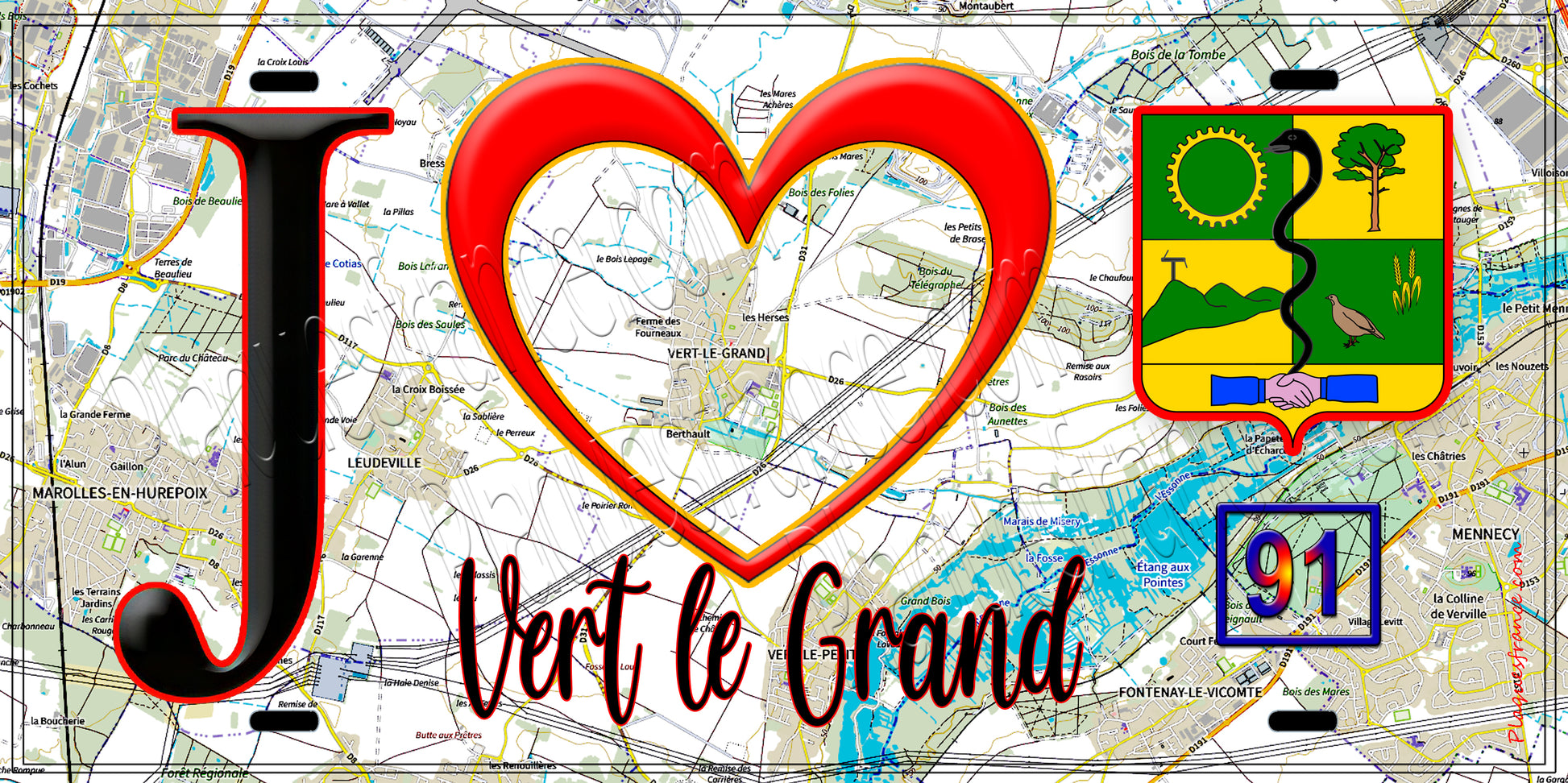 Plaque métal décorative  J' ❤️Vert-le-Grand, Essonne (91) fond carte
