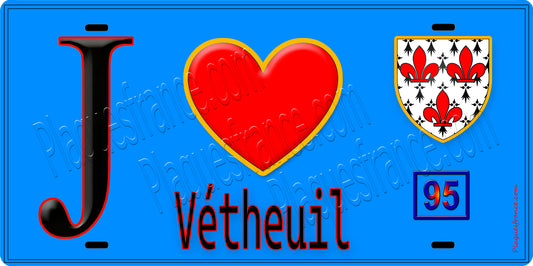 Plaque métal décorative  J' ❤️Vétheuil, Val d'Oise (95) fond bleu