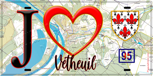 Plaque métal décorative  J' ❤️Vétheuil, Val d'Oise (95) fond carte
