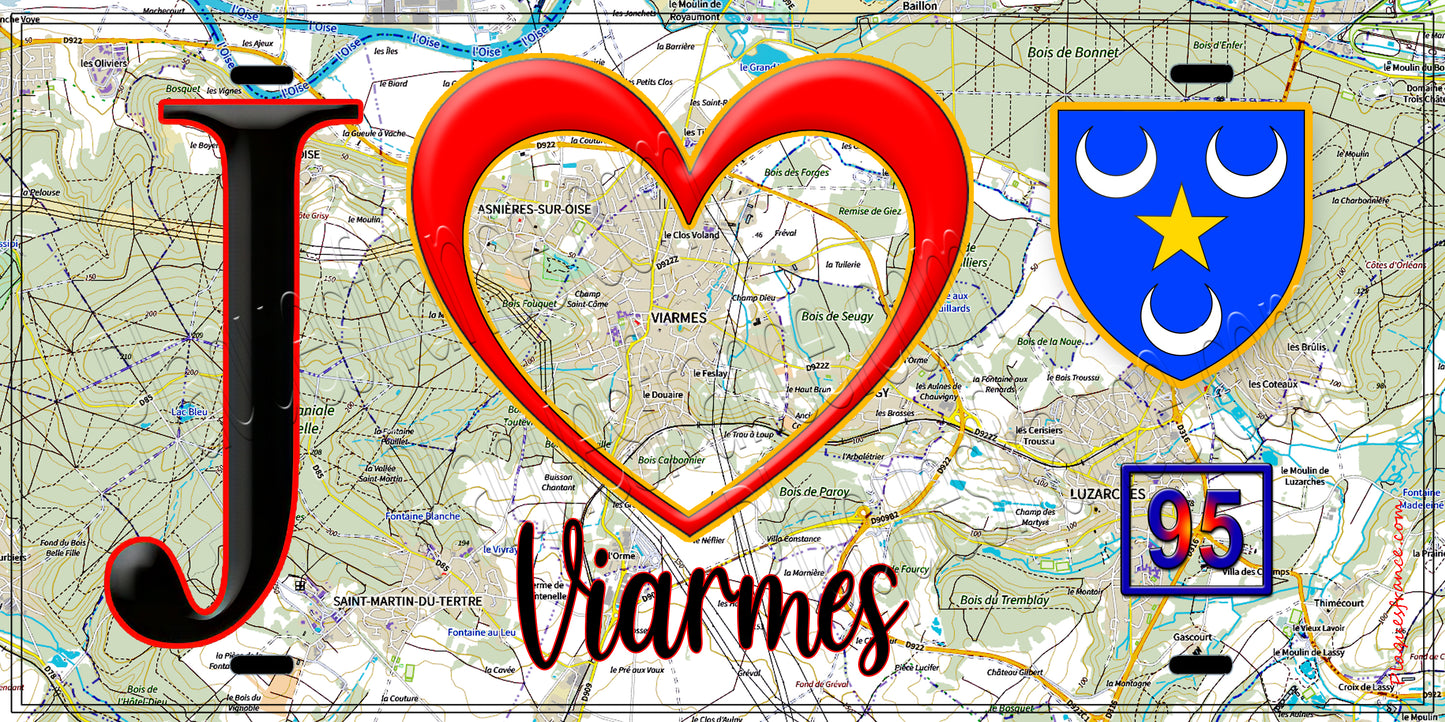 Plaque métal décorative  J' ❤️Viarmes, Val d'Oise (95) fond carte