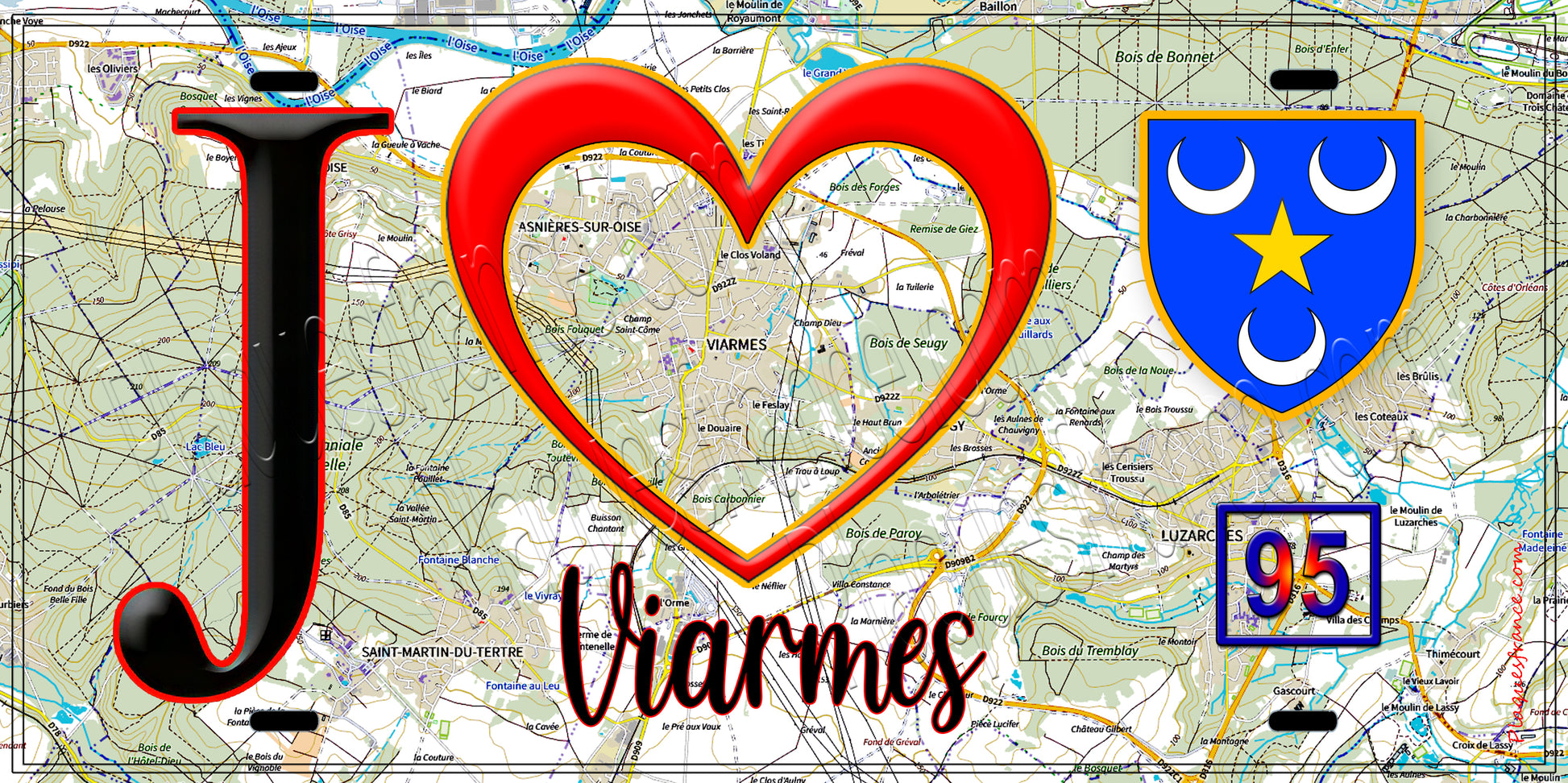 Plaque métal décorative  J' ❤️Viarmes, Val d'Oise (95) fond carte
