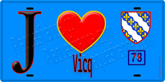 Plaque métal décorative  J' ❤️Vicq, Yvelines (78) fond bleu