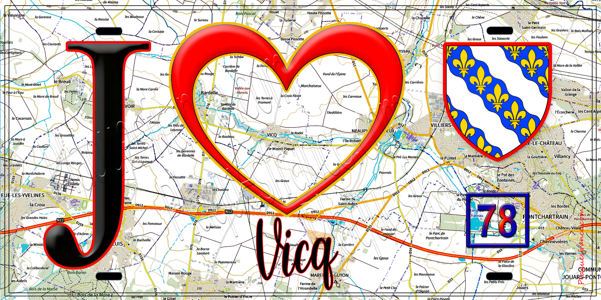 Plaque métal décorative  J' ❤️Vicq, Yvelines (78) fond carte