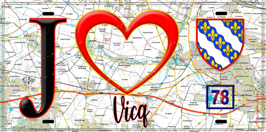 Plaque métal décorative  J' ❤️Vicq, Yvelines (78) fond carte