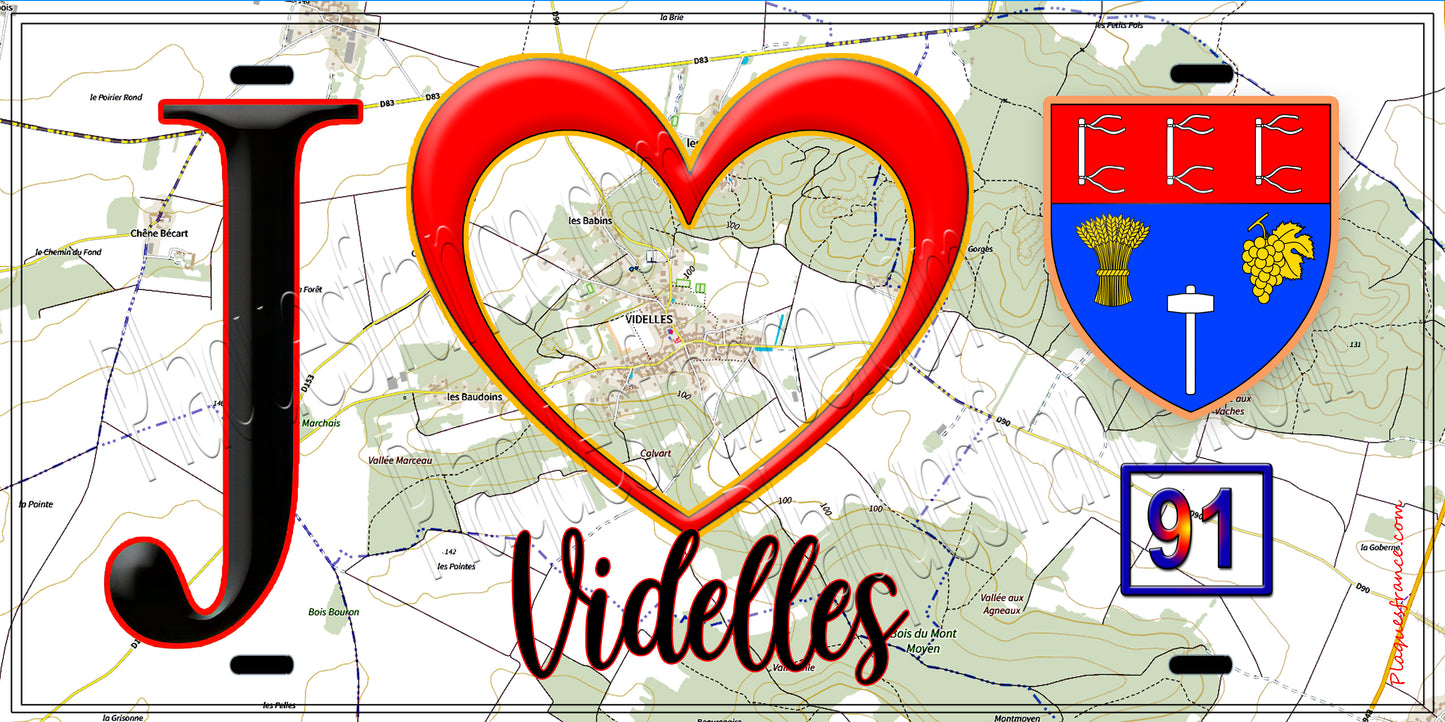 Plaque métal décorative  J' ❤️Videlles, Essonne (91) fond carte