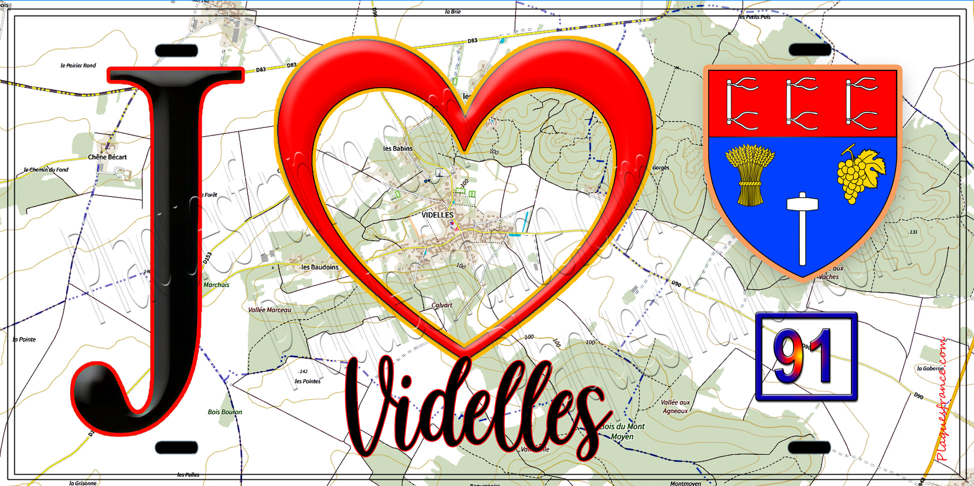 Plaque métal décorative  J' ❤️Videlles, Essonne (91) fond carte