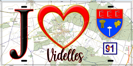 Plaque métal décorative  J' ❤️Videlles, Essonne (91) fond carte