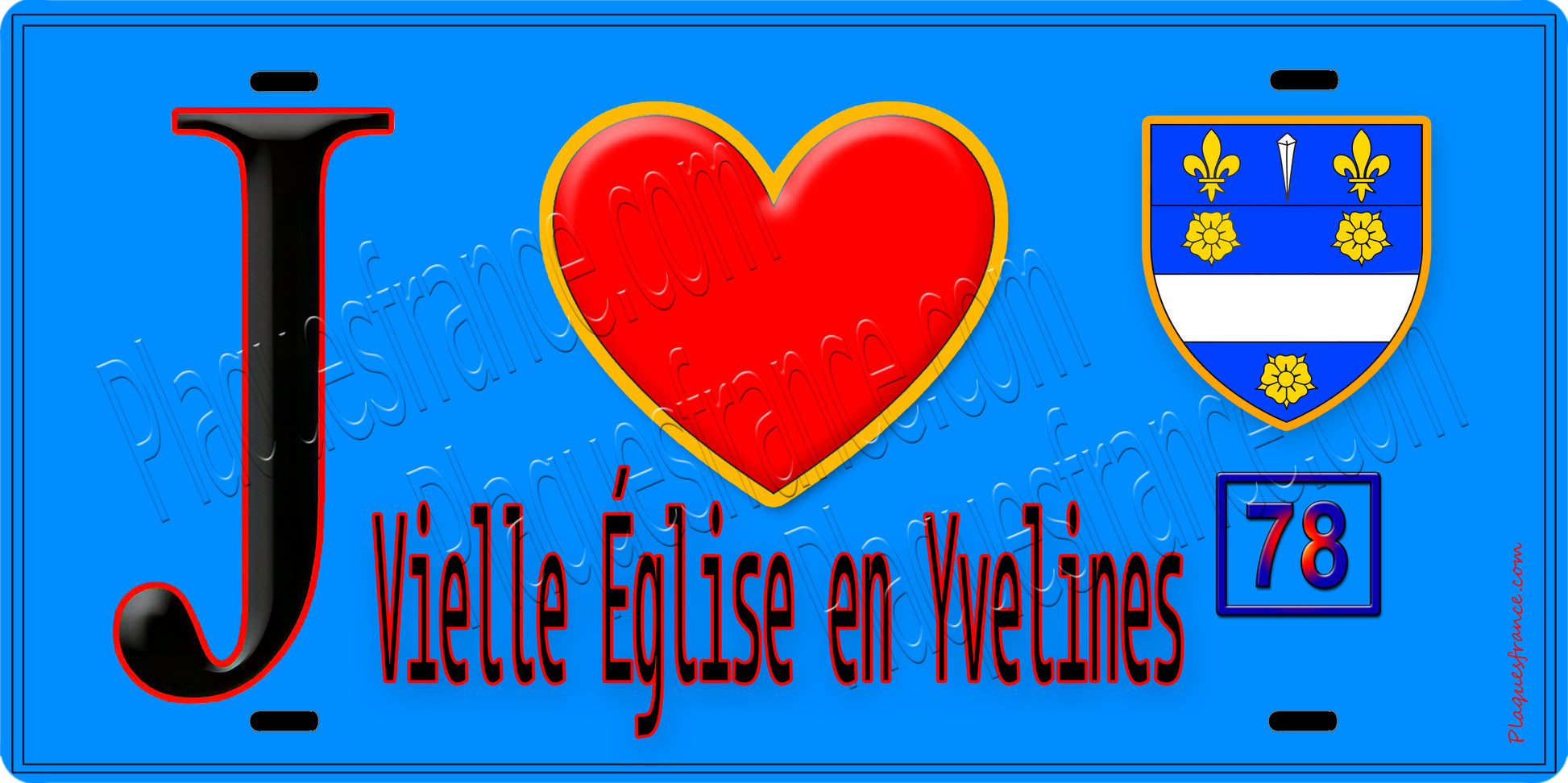 Plaque métal décorative  J' ❤️Vieille-Église-en-Yvelines, Yvelines (78) fond bleu