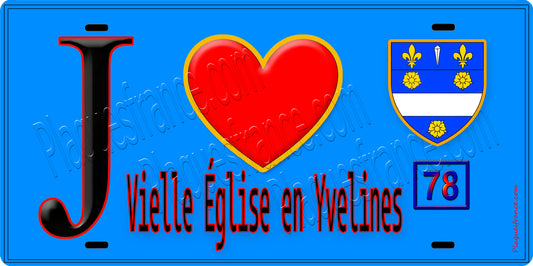 Plaque métal décorative  J' ❤️Vieille-Église-en-Yvelines, Yvelines (78) fond bleu