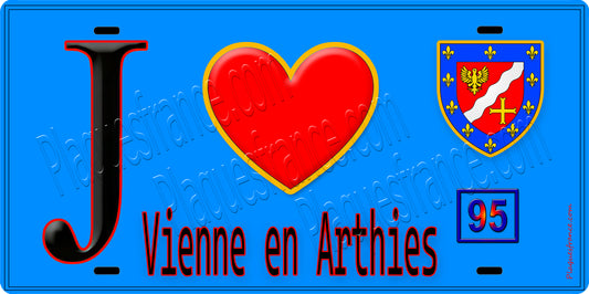Plaque métal décorative  J' ❤️Vienne-en-Arthies, Val d'Oise (95) fond bleu