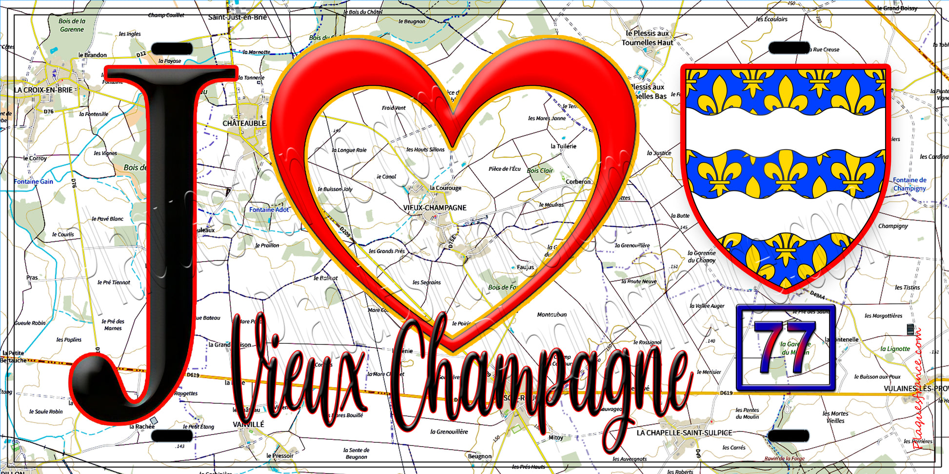 Plaque métal décorative  J' ❤️Vieux-Champagne, Seine et Marne (77) fond carte