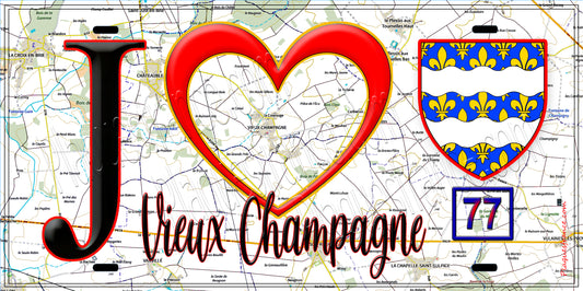 Plaque métal décorative  J' ❤️Vieux-Champagne, Seine et Marne (77) fond carte