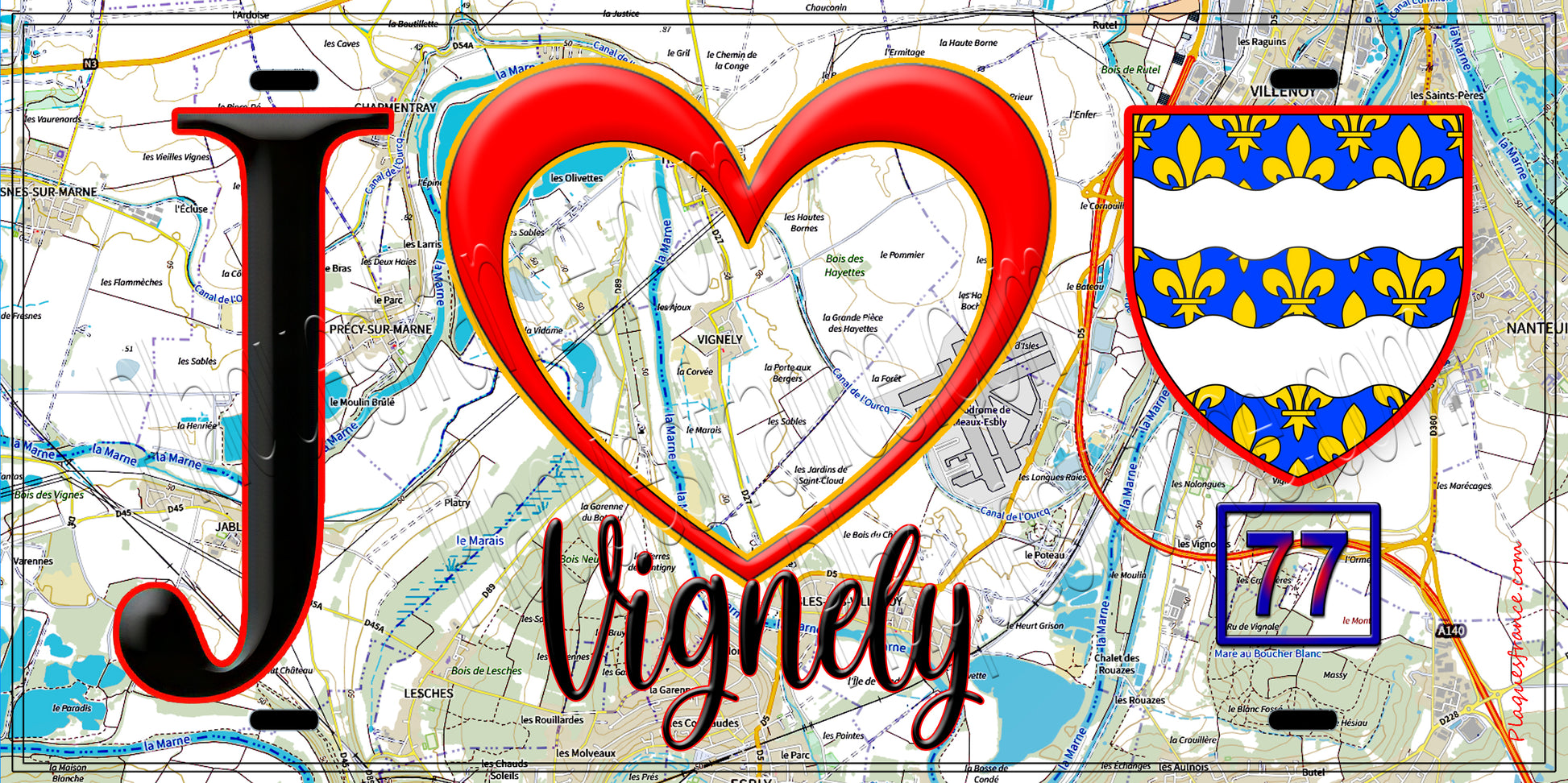 Plaque métal décorative  J' ❤️Vignely, Seine et Marne (77) fond carte