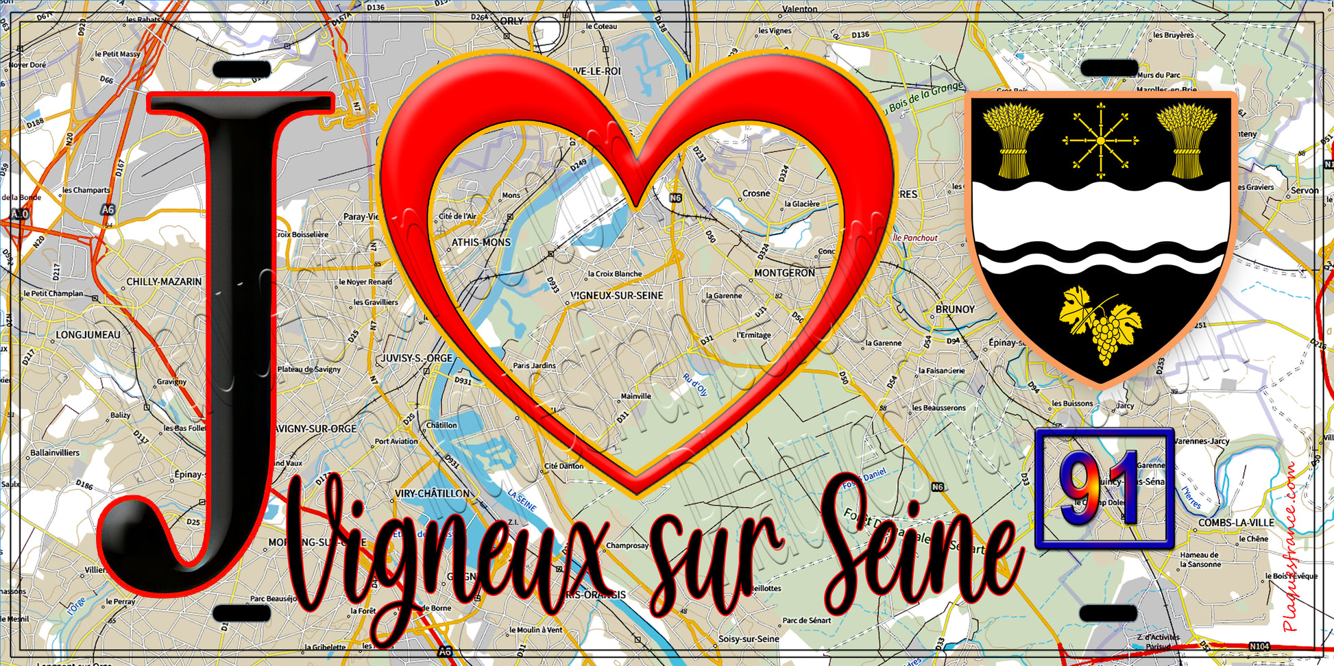 Plaque métal décorative  J' ❤️Vigneux-sur-Seine, Essonne (91) fond cate