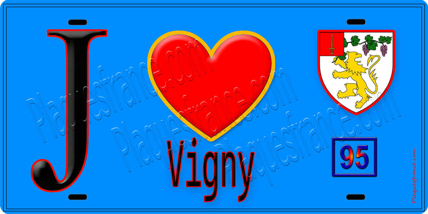 Plaque métal décorative  J' ❤️Vigny, Val d'Oise (95) fond bleu