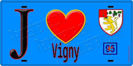 Plaque métal décorative  J' ❤️Vigny, Val d'Oise (95) fond bleu