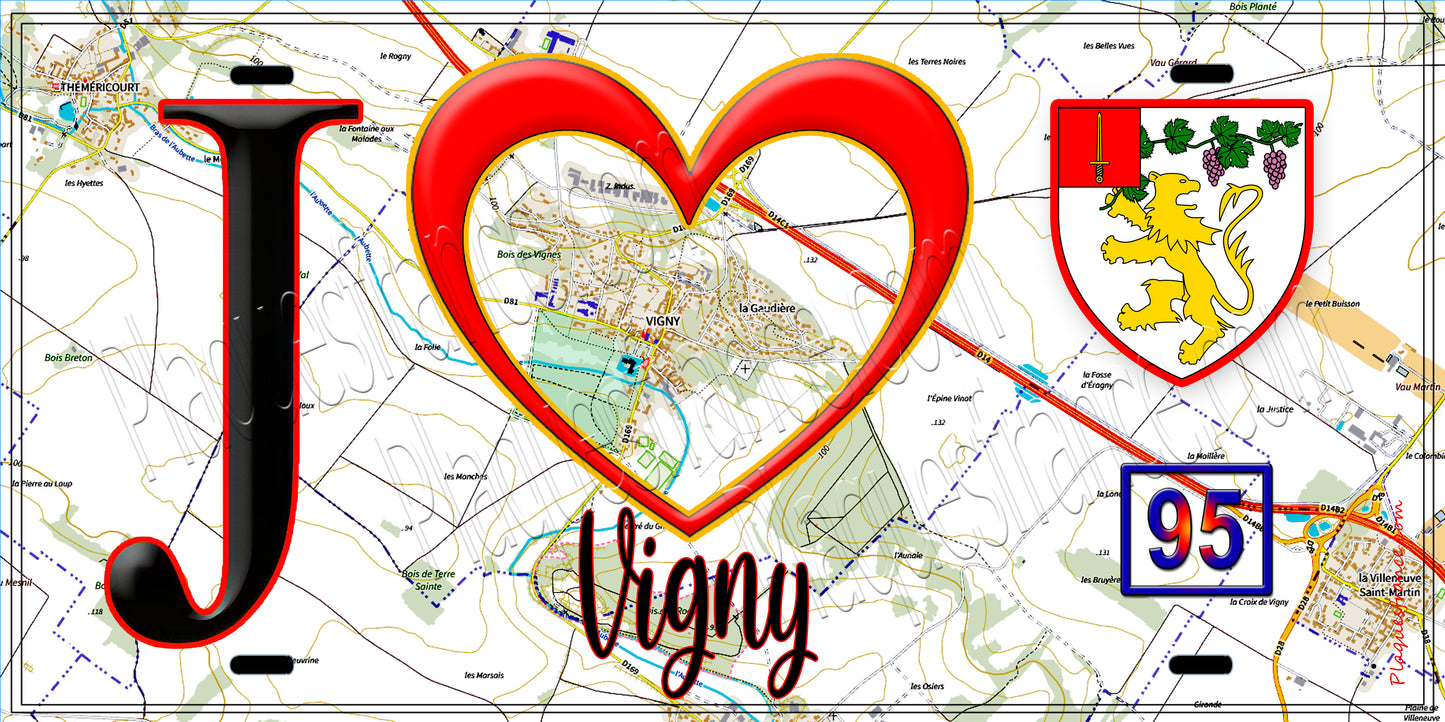 Plaque métal décorative  J' ❤️Vigny, Val d'Oise (95) fond carte