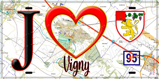 Plaque métal décorative  J' ❤️Vigny, Val d'Oise (95) fond carte