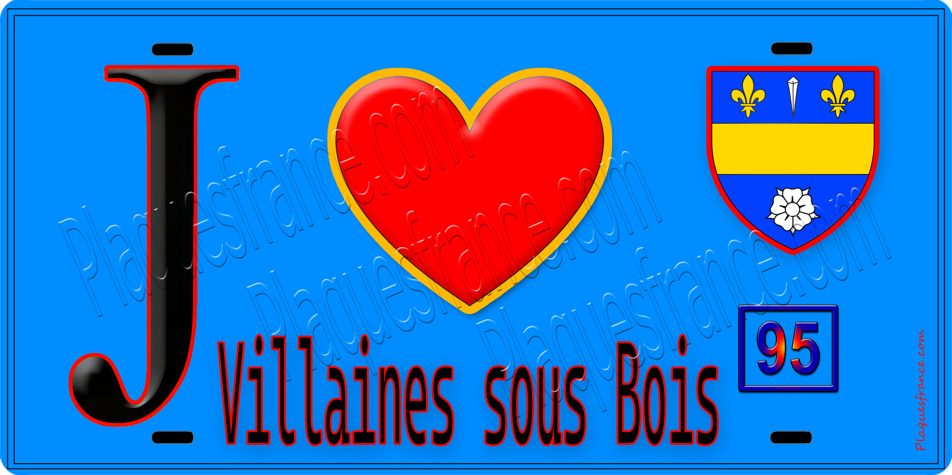 Plaque métal décorative  J' ❤️Villaines-sous-Bois, Val d'Oise (95) fond bleu
