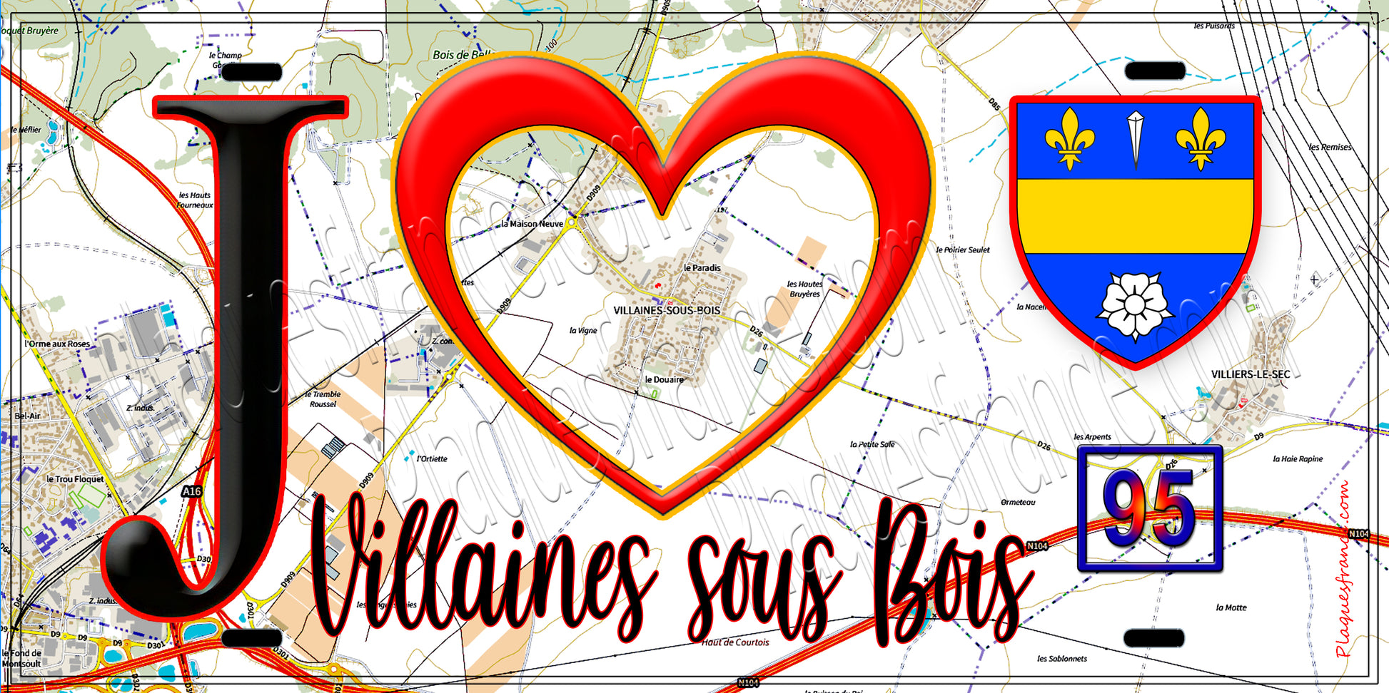 Plaque métal décorative  J' ❤️Villaines-sous-Bois, Val d'Oise (95) fond cate