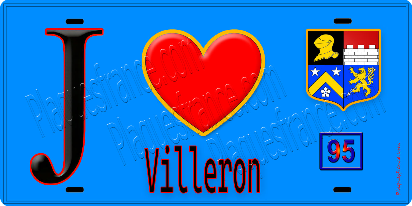 Plaque métal décorative  J' ❤️Villeron, Val d'Oise (95) fond bleu