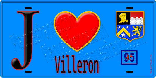 Plaque métal décorative  J' ❤️Villeron, Val d'Oise (95) fond bleu