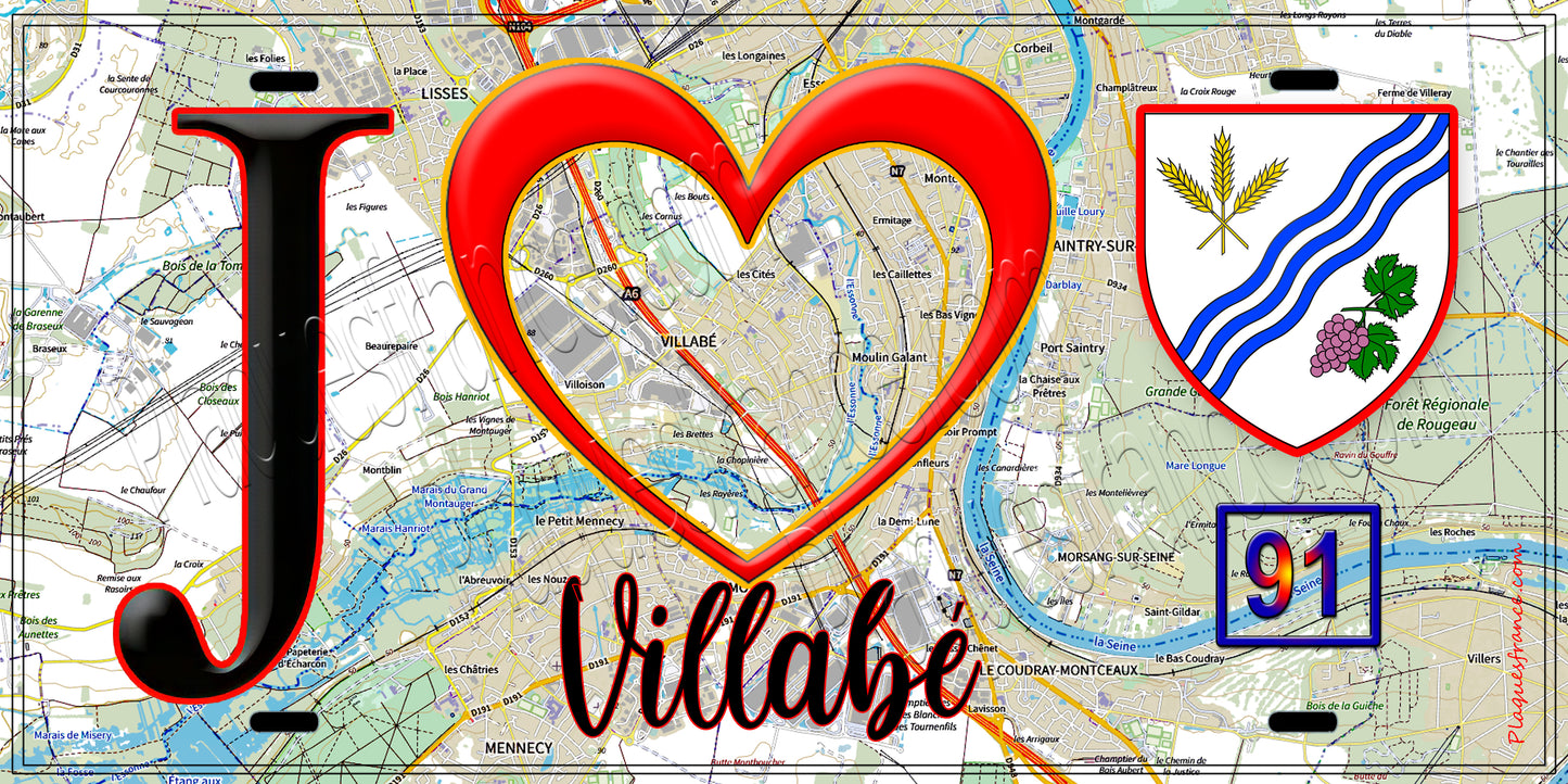 Plaque métal décorative  J' ❤️Villabé, Essonne (91) fond carte