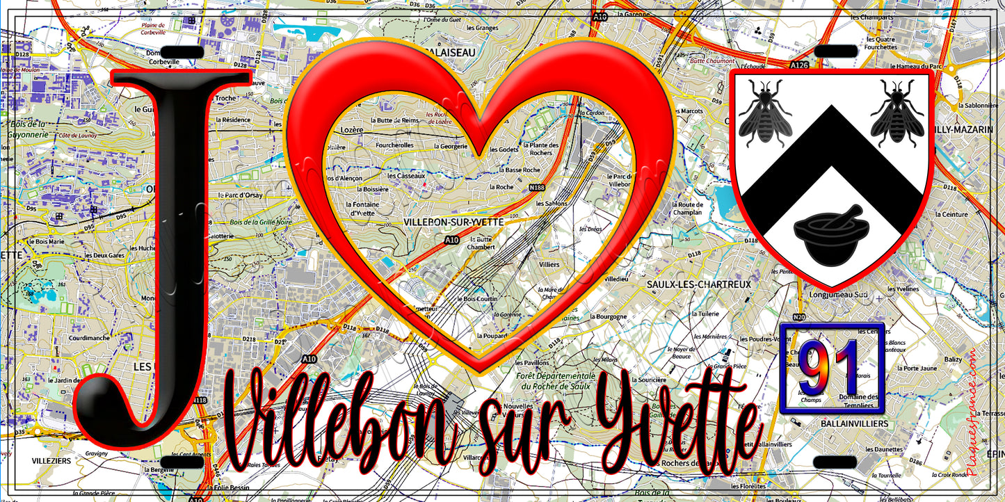 Plaque métal décorative  J' ❤️Villebon-sur-Yvette, Essonne (91) fond carte