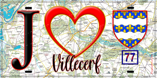 Plaque métal décorative  J' ❤️Villecerf, Seine et Marne (77) fond carte