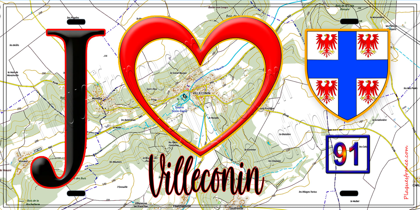 Plaque métal décorative  J' ❤️Villeconin, Essonne (91) fond carte