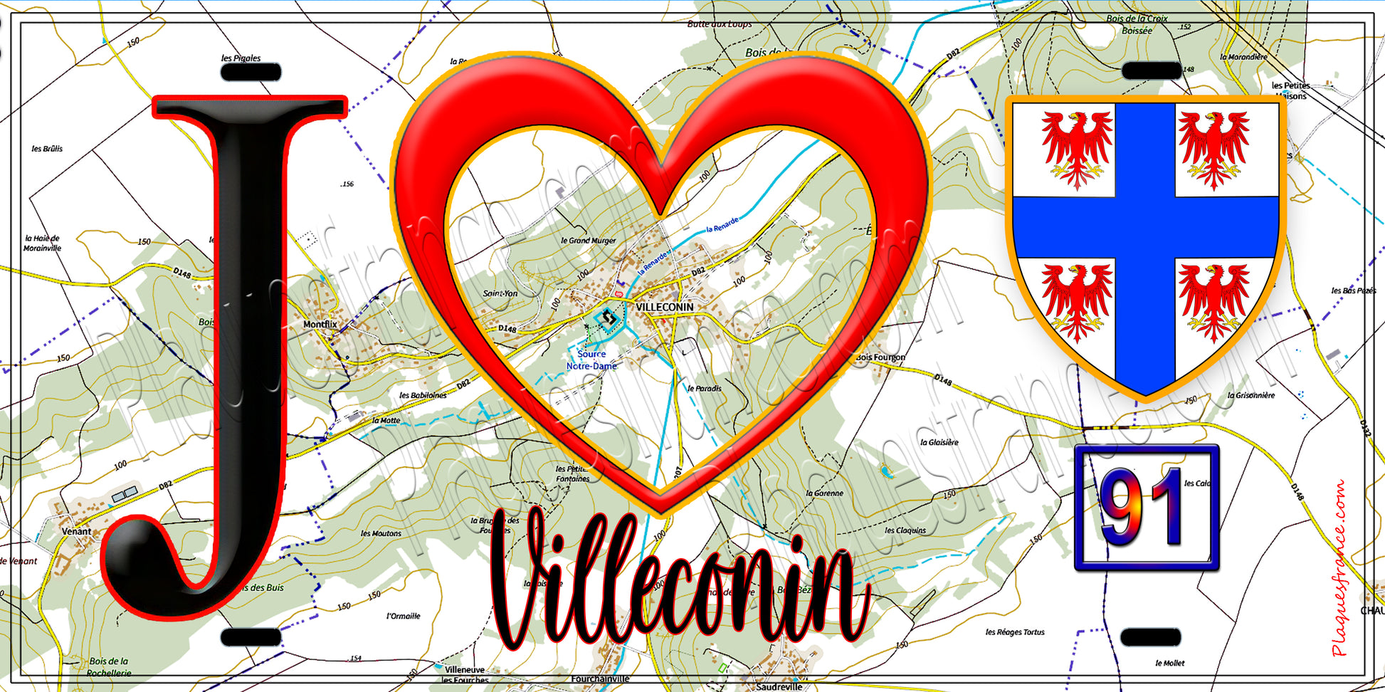Plaque métal décorative  J' ❤️Villeconin, Essonne (91) fond carte