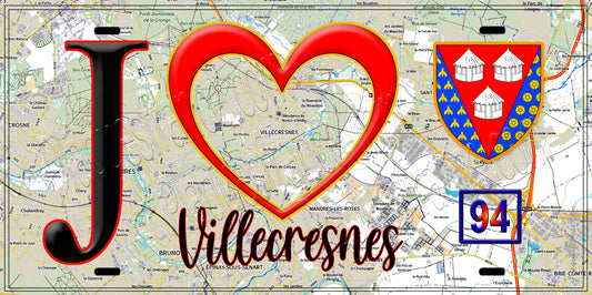 Plaque métal décorative  J' ❤️Villecresnes, Val de Marne (94) fond carte