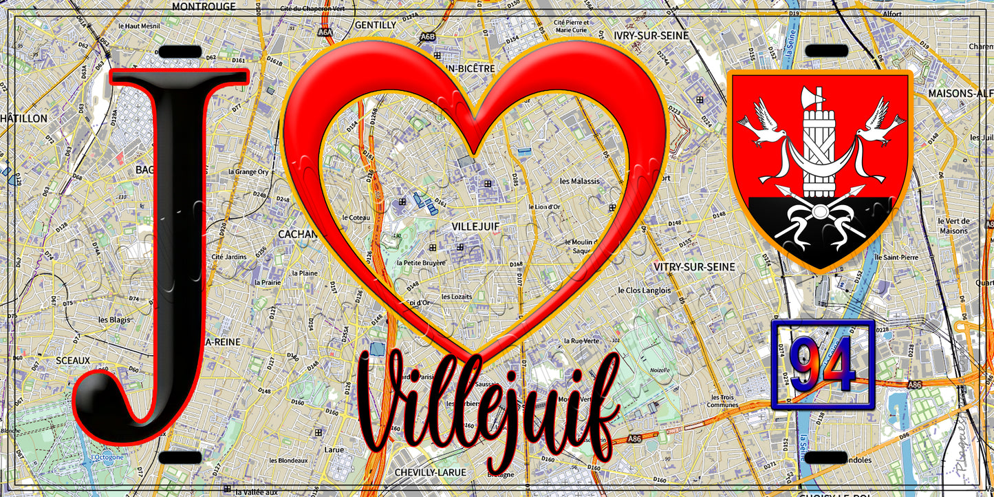 Plaque métal décorative  J' ❤️Villejuif, Val de Marne (94) fond carte