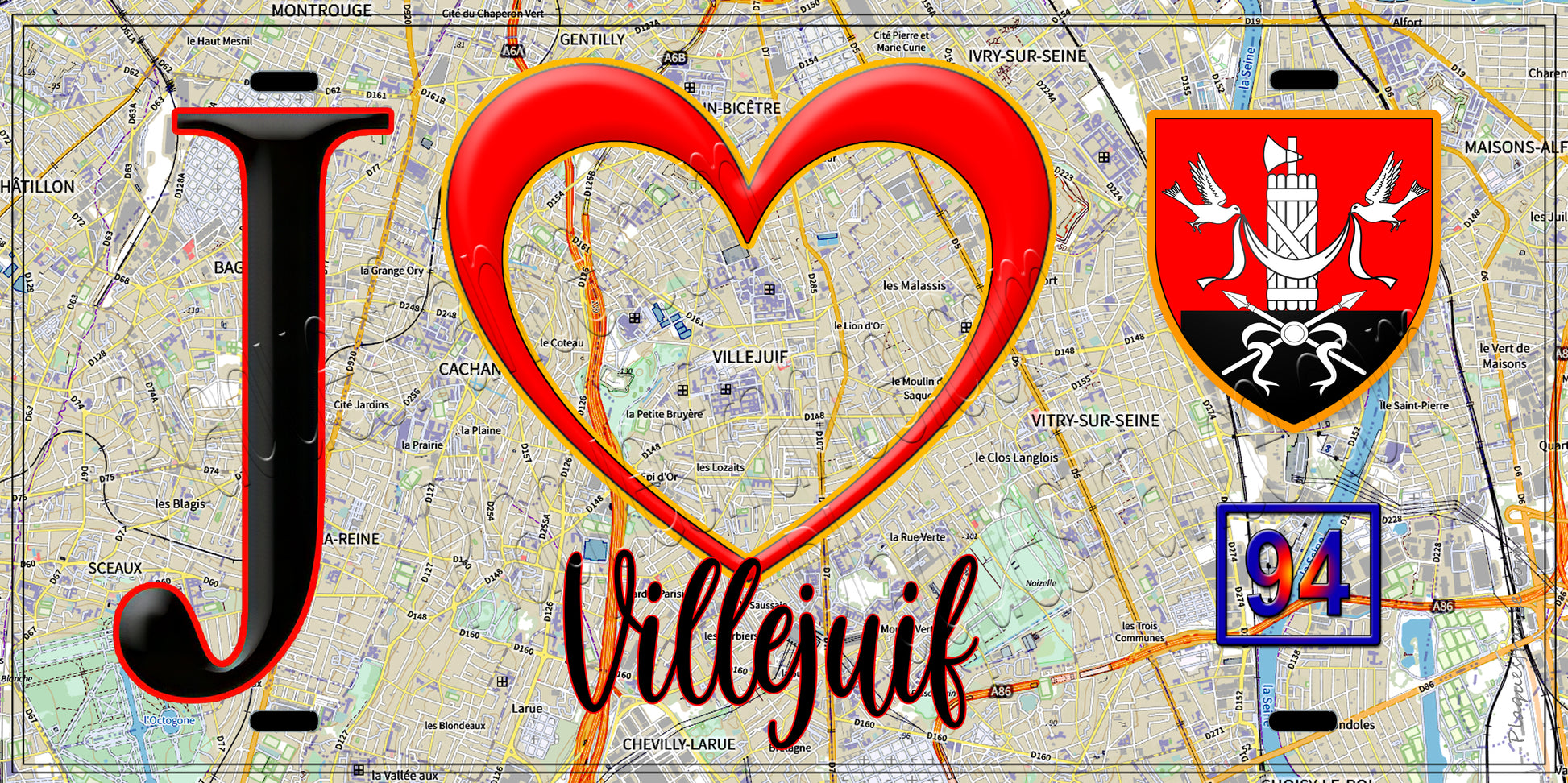 Plaque métal décorative  J' ❤️Villejuif, Val de Marne (94) fond carte