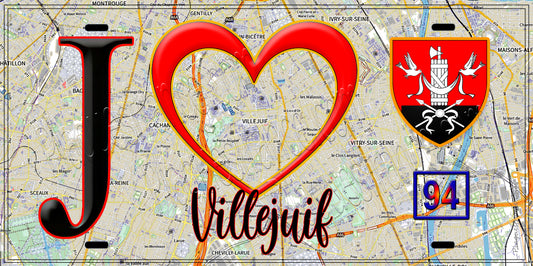 Plaque métal décorative  J' ❤️Villejuif, Val de Marne (94) fond carte