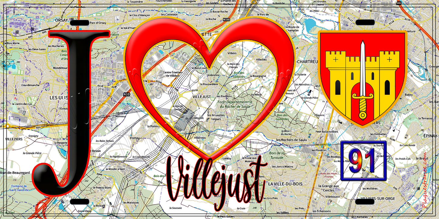 Plaque métal décorative  J' ❤️Villejust, Essonne (91) fond carte
