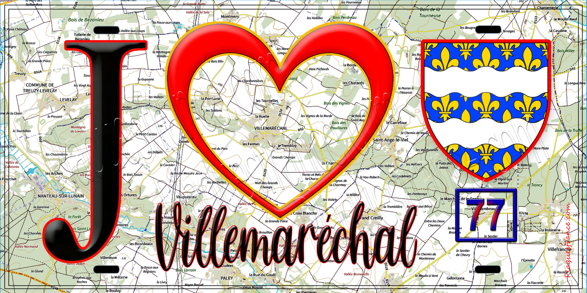 Plaque métal décorative  J' ❤️Villemaréchal, Seine et Marne (77) fond carte