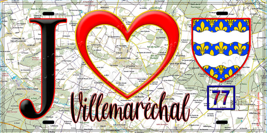 Plaque métal décorative  J' ❤️Villemaréchal, Seine et Marne (77) fond carte